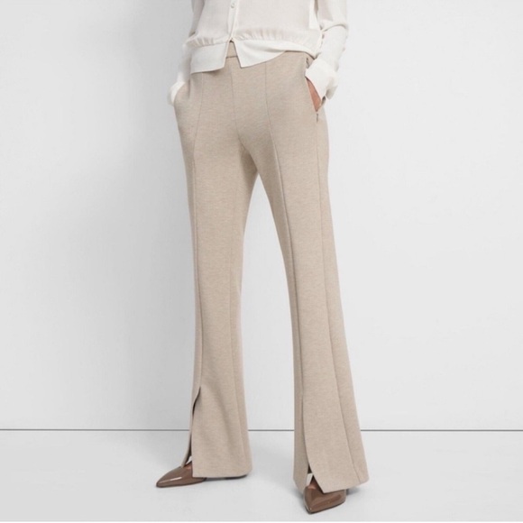 THEORY Slit Flared Demitria Pant in Double-Knit Jersey Oatmeal Size 6 - Picture 1 of 10